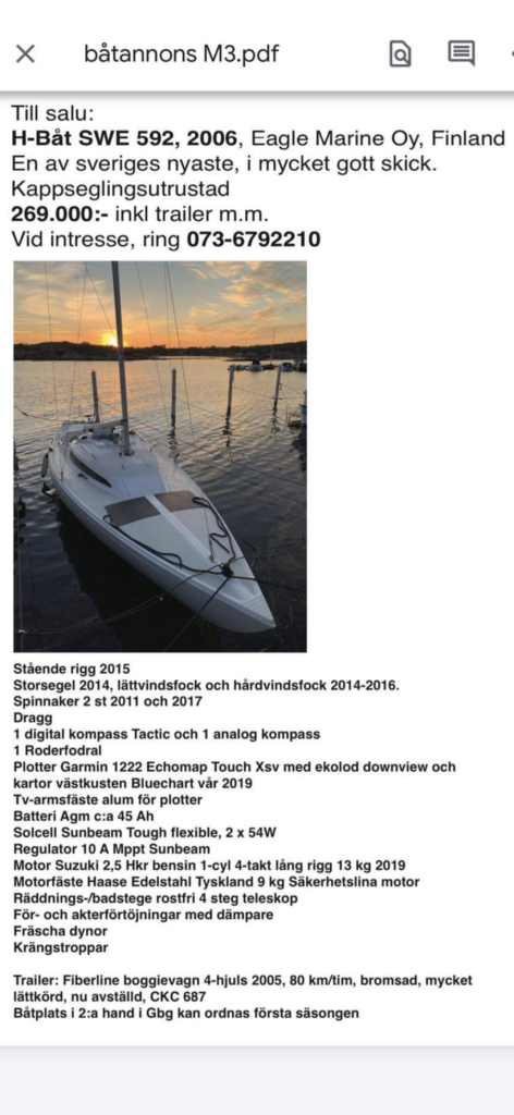 H-båt SWE 592 till salu • Danske H-bådssejlere